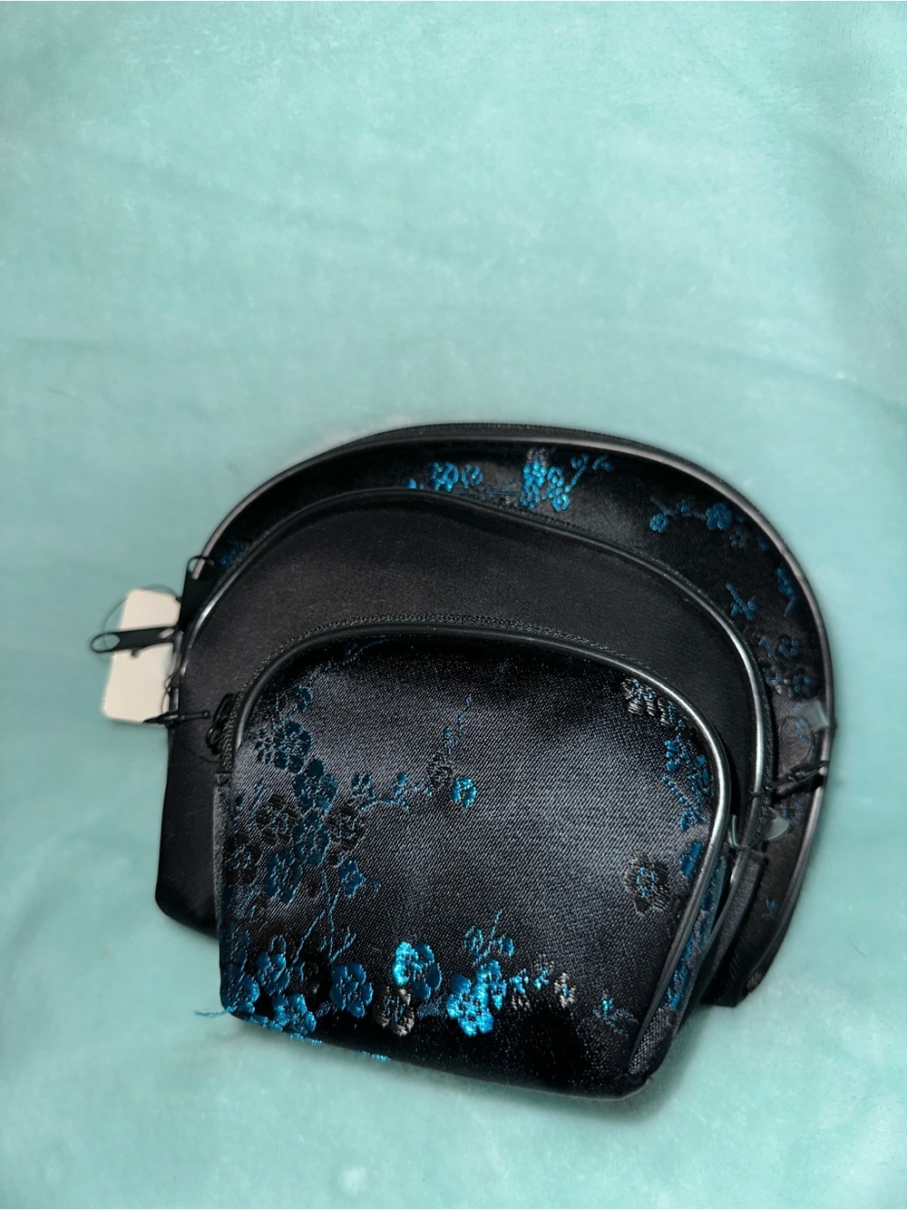 Black Satin Cosmetic Pouch Set with Teal Floral Jacquard NWT